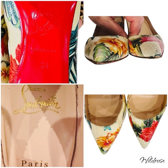CHRISTIAN LOUBOUTIN Hawaii Crackled Calf Pigalle Pointy Toe Floral Heels SZ 38 - Picture 17 of 17